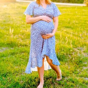 Blue floral wrap around dress